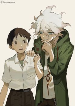 2boys absurdres belt breast_pocket brown_eyes brown_hair clenched_hand cowboy_shot danganronpa_(series) danganronpa_2:_goodbye_despair dot_nose green_jacket grey_hair grin hair_between_eyes hand_on_another&#039;s_shoulder hand_on_own_chin hand_up hareruya_(smomo2227) highres hood hood_down hooded_jacket ikari_shinji jacket komaeda_nagito long_sleeves looking_at_another male_focus medium_hair messy_hair multiple_boys neon_genesis_evangelion nervous open_clothes open_jacket open_mouth pants pocket print_shirt raised_eyebrows school_uniform shirt shirt_tucked_in short_hair simple_background smile sparkle standing sweat twitter_username voice_actor_connection white_shirt