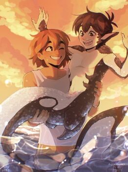 2boys alternate_costume alternate_species alternate_universe antenna_hair black_eyes black_hair brown_hair carrying commentary dark-skinned_male dark_skin double-parted_bangs english_commentary evening grin hair_between_eyes highres kel_(faraway)_(omori) kel_(omori) looking_at_another madnopost male_focus multiple_boys omori one_eye_closed open_mouth orange_shorts outdoors pointy_ears princess_carry sharp_teeth short_hair shorts smile sunny_(omori) tank_top teeth water white_tank_top