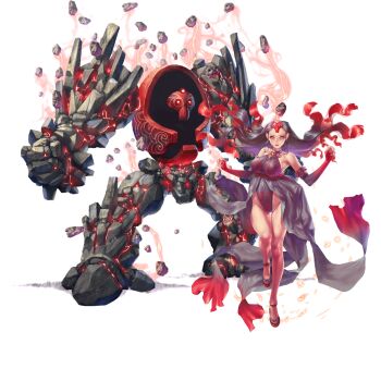 Rule 34 | 1girl, arielle (crystal maidens), artist request, bad source, bare legs, bare shoulders, breasts, closed mouth, collar, crystal maiden (series), detached sleeves, full body, game cg, golem, grey hair, groin, highres, large breasts, long hair, multicolored hair, official art, pink eyes, red hair, solo, third-party source, transparent background, two-tone hair, variant set