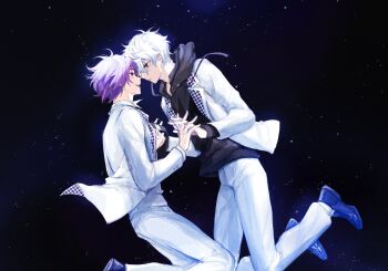 2boys black_hoodie blue_lock commentary_request eye_contact floating hakuho_high_school_uniform highres holding_hands hood hoodie juya15976333 looking_at_another mikage_reo multiple_boys nagi_seishirou purple_hair school_uniform smile space star_(sky) white_hair yaoi