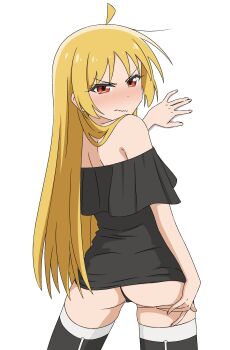 1girl absurdres ahoge angry ass black_panties black_shirt black_thighhighs blonde_hair bocchi_the_rock! embarrassed frilled_shirt frills from_behind hair_over_shoulder hand_on_own_ass highres ijichi_seika long_hair looking_back off-shoulder_shirt off_shoulder orange_eyes panties shirt solo standing thighhighs thong thundradrawings underwear wavy_mouth white_background