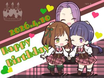 Rule 34 | 3girls, :d, ;d, ^ ^, aqua bow, artist name, assault lily, asymmetrical bangs, birthday cake, black gloves, black ribbon, black thighhighs, blunt bangs, blush, boots, bow, bowtie, braid, braided bangs, brown background, brown boots, brown hair, brown skirt, cake, chibi, closed eyes, collared shirt, commentary, corset, curtained hair, dated, eye contact, fingerless gloves, food, full body, gloves, green eyes, green ribbon, grin, hair bow, hair ribbon, hands on another's head, hands up, happy birthday, heads together, heart, holding hands, hotaru (ultraroly poly), lace-up boots, leg ribbon, long hair, long sleeves, looking at another, low twintails, ludvico private girls' academy school uniform, medium hair, miniskirt, multiple girls, nosaka jacqueline kazane, one eye closed, open mouth, pink bow, pink bowtie, plaid background, plaid clothes, plaid skirt, purple eyes, purple hair, ribbon, saeki julia karen, school uniform, seto veronica ichika, shirt, single fingerless glove, single glove, skirt, smile, standing, thigh ribbon, thighhighs, twintails, two-tone background, underbust, v-shaped eyebrows, white background, white shirt, white thighhighs