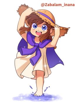 1girl :d a_hat_in_time barefoot blue_eyes brown_hair child commentary_request dot_nose dress full_body grin hair_tie hand_on_own_hat hat hat_kid hat_ribbon looking_at_viewer official_alternate_costume open_mouth ponytail purple_ribbon purple_shirt ribbon shirt sidelocks sleeveless sleeveless_dress smile solo sparkle splashing standing standing_on_one_leg sun_hat sundress teeth tied_shirt toes twitter_username upper_teeth_only water white_background white_dress yellow_hat zabalam_inana