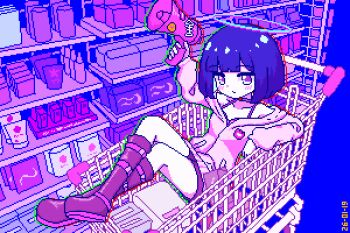 1girl blue_hair boots chibikki closed_mouth commentary full_body hand_up holding holding_megaphone jacket long_sleeves looking_at_viewer megaphone miniskirt off_shoulder original pink_jacket pixel_art purple_boots purple_eyes purple_skirt purple_thighhighs reclining shelf shopping_cart short_hair skirt thighhighs