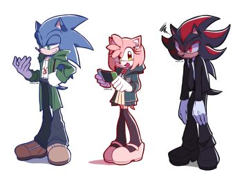 1girl 2boys :d amy_rose animal_ears artist_name black_fur black_jacket black_necktie black_pants black_shoes black_suit blue_fur brown_shoes closed_mouth coat collared_shirt commentary cosplay danganronpa_(series) danganronpa_2:_goodbye_despair empty_eyes english_commentary formal_clothes full_body furry furry_female furry_male glowing glowing_eyes green_coat green_eyes half-closed_eyes handheld_game_console hedgehog_boy hedgehog_girl highres holding holding_handheld_game_console jacket kamukura_izuru kamukura_izuru_(cosplay) komaeda_nagito komaeda_nagito_(cosplay) kumo_zd multiple_boys nanami_chiaki nanami_chiaki_(cosplay) necktie open_clothes open_jacket open_mouth pants pink_fur pink_shoes pleated_skirt red_eyes red_fur shadow_the_hedgehog shirt shoes simple_background skirt smile sonic_(series) sonic_the_hedgehog squiggle standing suit twitter_username two-tone_fur white_background white_shirt wing_collar yellow_skirt