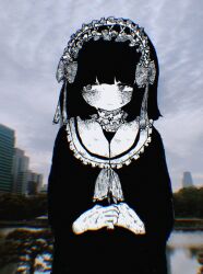 Rule 34 | 1girl, @ @, black hair, black shirt, blunt bangs, blush, building, choker, chromatic aberration, closed mouth, cloud, cloudy sky, com shicom, frilled choker, frilled shirt collar, frills, greyscale with colored background, hairband, highres, lolita hairband, looking to the side, original, outdoors, own hands together, photo background, reflection, reflective water, ribbon, shirt, short hair, sky, solo, sweat, tree, water