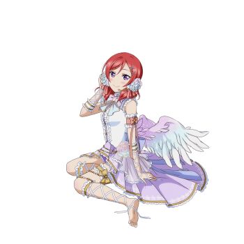 1girl angel angel_wings back_bow barefoot belly_chain bow center_frills chain_around_leg cross-laced_clothes cross-laced_legwear detached_sleeves feathered_wings flower frilled_skirt frilled_thigh_strap frills gradient_flower gradient_wings hair_flower hair_ornament hand_on_own_head hand_up high-low_skirt high_collar jewelry lace-up_gloves leg_ribbon love_live! love_live!_school_idol_festival love_live!_school_idol_project low_wings medium_hair multicolored_wings nishikino_maki official_alternate_costume official_art purple_eyes red_hair ribbon shirt_bow sitting skirt sleeveless swept_bangs thigh_strap transparent_background white_day_(love_live!) wings x_hair_ornament yokozuwari