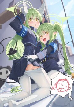 1boy 2girls :d absurdres armband arms_up ass belt belt_buckle black_belt black_tail blue_archive blue_armband blue_jacket blue_shorts blue_skirt blue_sky blush buckle clothes_lift clothes_pull cloud demon_girl demon_tail doodle_sensei_(blue_archive) earrings fang feet furrowed_brow gloves green_hair green_halo hair_over_shoulder halo highres hikari_(blue_archive) huge_filesize indoors jacket jewelry lifting_another&#039;s_clothes loli long_hair long_sleeves looking_at_viewer looking_back mesugaki miniskirt multiple_girls nozomi_(blue_archive) on_bed open_mouth pantyhose pantyhose_pull pantyhose_under_shorts peroro_(blue_archive) pointy_ears rabbit_pose sensei_(blue_archive) shizuki_eri short_shorts shorts siblings sidelocks sisters skirt skirt_lift skullman_(blue_archive) sky sleeve_cuffs smile smug speech_bubble spoken_character straight_hair tail thumbs_up twins twintails v-shaped_eyebrows very_long_hair very_long_tail white_gloves white_pantyhose wide_sleeves window yellow_eyes