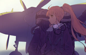 Rule 34 | 3girls, ahoge, aircraft, airplane, backlighting, black hair, black jacket, blonde hair, brown eyes, character request, commentary request, copyright request, goggles, goggles around neck, high ponytail, highres, jacket, long hair, long sleeves, multiple girls, ponytail, profile, sidelocks, upper body, yukitake (bullfalk)