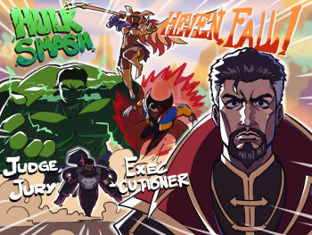 1girl 4boys angela_(marvel) beard breasts brown_hair cape doctor_strange facial_hair gloves highres hulk large_pectorals long_hair male_focus marvel marvel_rivals metal_bra multiple_boys muscular muscular_female muscular_male pectorals red_hair short_hair superhero_costume the_punisher_(character) the_punisher_(series) the_two-thousand_yard_stare thor_(marvel)_(series) thousand_yard_stare tina_fate weapon wolverine_(x-men) x-men