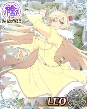 1girl blonde_hair breasts card_(medium) closed_mouth dress energy_sword frown game_cg holding holding_sword holding_weapon large_breasts leo_(senran_kagura) long_hair looking_at_viewer non-web_source official_alternate_costume official_art pantyhose pink_eyes senran_kagura senran_kagura_new_wave solo sword very_long_hair weapon white_pantyhose yellow_dress yellow_headdress