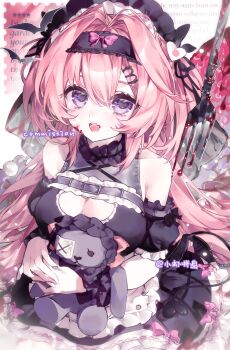 1girl :d absurdres bare_shoulders black_dress black_hairband black_hat black_sleeves blood blood_on_face blush breasts cleavage cleavage_cutout clothing_cutout detached_sleeves dress fork frilled_sleeves frills hair_between_eyes hair_intakes hairband hat highres holding holding_stuffed_toy large_breasts long_hair looking_at_viewer open_mouth original pink_hair purple_eyes short_sleeves sleeveless sleeveless_dress smile solo stuffed_animal stuffed_sheep stuffed_toy upper_body xiao_xia_pin_pan
