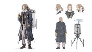 1boy absurdres ai_limit beckhz1 black_coat black_sweater character_request coat collared_shirt gloves grey_pants highres long_hair official_art open_clothes open_coat pants ponytail shirt simple_background sweater white_background white_shirt yellow_gloves