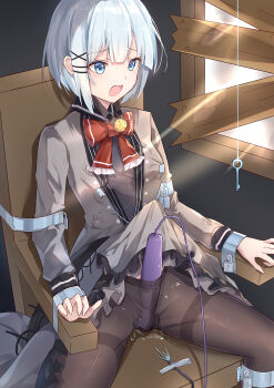 1girl ball_gag bdsm black_pantyhose blue_eyes bondage bound bound_arms bound_legs bow bowtie buttons cable chair clothes_lift clothes_pull collared_jacket colored_skin dress dress_lift duct_tape electric_chair electrocution forced_orgasm frilled_dress frills gag gag_around_neck grey_dress grey_jacket grey_skin hair_ornament highres indoors jacket key kyou_shuka lock long_sleeves loose_wires nipple_c nipple_clamps nipple_clamps_over_clothes on_chair open_mouth pantyhose pantyhose_pull peril pussy_juice pussy_juice_drip_through_clothes pussy_juice_puddle pussy_juice_stain red_bow red_bowtie restrained saliva sex_toy short_hair siesta_(tantei_wa_mou_shindeiru) sitting skirt skirt_lift solo spread_legs tantei_wa_mou_shindeiru thighband_pantyhose unworn_gag vibrator vibrator_bulge vibrator_cord vibrator_under_clothes wet wet_clothes wet_pantyhose white_hair wiffle_gag wire x_hair_ornament