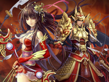 1boy 1girl blue_eyes bow_(weapon) breasts brown_hair cleavage eat eat0123 elbow_gloves fingerless_gloves gloves guan_dao hair_ornament long_hair polearm red_eyes weapon