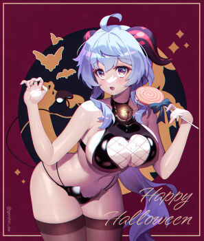 1girl absurdres ahoge bare_arms bare_shoulders bell bent_over bikini black_bikini blue_hair breasts brown_thighhighs candy cleavage cleavage_cutout clothing_cutout cowboy_shot fishnets food ganyu_(genshin_impact) genshin_impact goat_horns halloween happy_halloween heart_cutout highres holding horns jingle_bell large_breasts latex lemonpear lollipop long_hair looking_at_viewer low_ponytail multi-strapped_bikini navel open_mouth ponytail purple_eyes solo stomach swimsuit swirl_lollipop thighhighs thighs very_long_hair