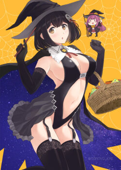 2girls alternate_costume black_cape black_gloves black_hair black_hat black_leotard black_thighhighs breasts brown_eyes cape elbow_gloves fairy_(kancolle) gloves haguro_(azur_lane) haguro_(kancolle) hair_ornament half-skirt hat kamikaze_(kancolle) kantai_collection large_breasts leotard mini_person minigirl multiple_girls navel purple_hair short_hair size_difference thighhighs tomoyo_kai two-tone_cape witch_hat