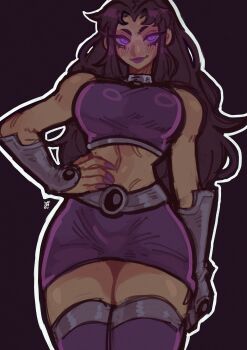 1girl absurdres blackfire breasts commentary cowboy_shot dc_comics hand_on_own_hip highres large_breasts long_hair looking_at_viewer miniskirt outline purple_background purple_eyes purple_hair purple_shirt purple_skirt purple_thighhighs shirt simple_background skirt sleeveless sleeveless_shirt smile solo tamaranean teen_titans thighhighs tsurime v-shaped_eyebrows vambraces white_outline widisu