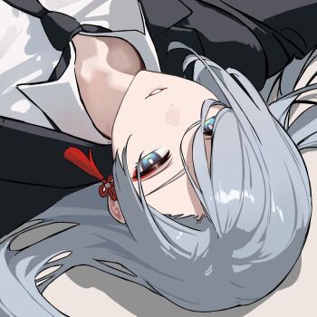 1girl black_jacket black_necktie earrings genshin_impact grey_eyes grey_hair hair_over_one_eye highres jacket jewelry long_hair looking_at_viewer lying necktie office_lady on_back portrait shenhe_(genshin_impact) shirt solo suit_jacket tassel tassel_earrings upside-down white_shirt yumeto_(ym-1)