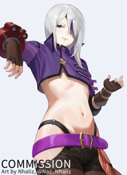 1girl belt black_shorts bracer breasts brown_gloves brown_pantyhose commentary english_commentary eyepatch fingerless_gloves fishnet_pantyhose fishnets gina_dickinson gloves god_eater god_eater_2:_rage_burst highres long_hair long_sleeves looking_at_viewer navel nhaliz pantyhose purple_eyes purple_shrug shorts shrug_(clothing) small_breasts smile solo white_hair