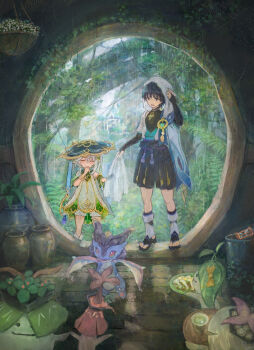 Rule 34 | 1boy, 1girl, anemo symbol (genshin impact), aqua kimono, aqua sleeves, aranara (genshin impact), armlet, black bodysuit, black bow, black eyes, black footwear, black hair, black shorts, black socks, bloomers, blue hat, blush, bodysuit, borrowed clothes, bow, bridal gauntlets, candied ajilenakh nut (genshin impact), canopy (forest), closed eyes, clothing cutout, creature, cup, detached sleeves, dragon, dress, feathers, furisode, genshin impact, gold, gold trim, green dress, green hair, green sleeves, hakama, hakama shorts, han'eri, hand on own chin, hand up, hanging plant, hat, headwear switch, highres, hip vent, holding, holding plate, holding towel, holding tray, hourglass, japanese clothes, jewelry, jingasa, kimono, knees, layered clothes, layered kimono, layered sleeves, leg warmers, mandarin collar, mini durin (dragon) (genshin impact), mini durin (genshin impact), multicolored hair, nahida (genshin impact), okobo, open clothes, open kimono, open mouth, plant, plate, platform sandals, pleated shorts, pointy ears, pom pom (clothes), purple rope, rope, sandals, scaramouche (genshin impact), short sleeves, shorts, shoulder peek, side ponytail, silk, small dragon, socks, spider web, standing, stirrup footwear, stirrup legwear, streaked hair, suke omi, toeless legwear, toes, towel, towel on head, tray, tree, underwear, vase, vision (genshin impact), wanderer (genshin impact), white bloomers, white hair, white kimono, white leg warmers, white sleeves, yellow feathers