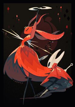 2girls ant_girl antennae arthropod_girl black_eyes black_skin cloak closed_eyes colored_skin dress full_body highres holding holding_weapon hollow_eyes hollow_knight hollow_knight:_silksong horned_mask hornet_(hollow_knight) horns looking_at_another mask multicolored_skin multiple_girls needle_(hollow_knight) no_mouth r0si3 red_cloak red_dress red_skin skarrsinger_karmelita_(hollow_knight) spinning_weapon standing weapon white_mask