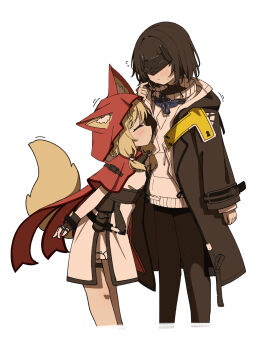 2girls absurdres animal_ears arknights arknights:_endfield black_coat black_hair blonde_hair cape closed_eyes closed_mouth coat dress endministrator_(arknights) female_endministrator_(arknights) highres hood hood_up hooded_cape long_sleeves moepu. multiple_girls red_cape rossi_(arknights) short_hair smelling sweater tail white_dress white_sweater wolf_ears wolf_girl wolf_tail