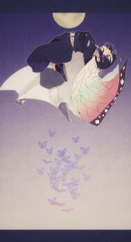 0_ebj animal_print black_jacket black_pants bug butterfly butterfly_hair_ornament butterfly_print colored_tips commentary_request demon_slayer_uniform dynamic_pose full_body gradient_background gradient_hair hair_ornament hakama hakama_pants haori highres insect jacket japanese_clothes kimetsu_no_yaiba kochou_shinobu long_sleeves moon multicolored_hair pants parted_bangs purple_butterfly purple_hair sandals tabi updo upside-down zouri
