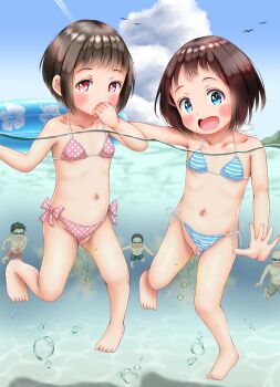 2girls 3boys :d absurdres bald barefoot bikini bikini_aside black_hair blue_bikini blue_eyes blue_male_swimwear blue_sky blue_swim_trunks blush bow bow_bikini brown_hair bubble caustics censored character_request cleft_of_venus clenched_hand clothed_masturbation clothing_aside cloud collarbone copyright_request covering_own_mouth dot_nose embarrassed erection facing_viewer flat_chest floral_print flower full_body goggles green_male_swimwear green_swim_trunks heart heart-shaped_pupils hibiscus hibiscus_print higeepon highres innertube loli looking_at_viewer male_masturbation male_swimwear masturbation midriff mosaic_censoring multicolored_bikini multiple_boys multiple_girls navel open_mouth outdoors partially_submerged pee peeing peeing_together peeing_underwater penis pink_bikini pink_bow polka_dot polka_dot_bikini polka_dot_bow print_bikini print_innertube public_indecency pussy red_swim_trunks side-tie_bikini_bottom sky smile source_request string_bikini striped_bikini striped_clothes swim_ring swim_trunks swimming swimsuit swimsuit_aside symbol-shaped_pupils tareme topless_female underwater water