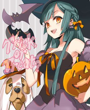 1girl :d absurdres alternate_costume alternate_eye_color animal bare_shoulders bat_(animal) bat_earrings blunt_ends bow braid breasts character_request check_character check_copyright cleavage clothed_animal commentary_request copyright_request detached_sleeves diagonal_bangs dog dress earrings fangs hair_bow halloween halloween_costume hand_up hat highres holding holding_pumpkin ito_noizi jack-o&#039;-lantern jewelry long_hair medium_breasts mole mole_under_eye open_mouth orange_eyes orange_hat orange_ribbon puffy_short_sleeves puffy_sleeves pumpkin range_finder ribbon sheet_ghost short_sleeves smile strapless strapless_dress suzumiya_haruhi_no_yuuutsu teeth trick_or_treat tsuruya upper_body upper_teeth_only very_long_hair witch_hat