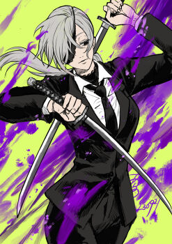 1girl absurdres arano_nknk aura black_eyes black_jacket black_necktie black_pants blazer breasts chainsaw_man closed_mouth collared_shirt commentary_request cowboy_shot dated dual_wielding expressionless eyelashes eyepatch formal_clothes green_background grey_hair highres holding holding_behind_back holding_sword holding_weapon holding_weapon_behind_back jacket long_hair long_sleeves medium_breasts necktie one_eye_covered pants ponytail purple_aura quanxi_(chainsaw_man) shirt solo standing suit sword undershirt weapon white_shirt