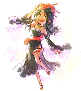 1girl arm_at_side arm_up bare_shoulders bindi black_dress black_hair breasts cleavage commentary_request creature creature_on_head dark-skinned_female dark_skin dated_commentary dress full_body jewelry long_hair long_sleeves looking_at_viewer lowres medium_breasts necklace open_mouth original petting rakuni sandals side_slit smile snake solo standing wavy_hair wide_sleeves yellow_eyes yellow_sandals