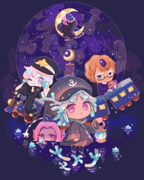 5girls ;3 absurdly_long_hair alt_text anchor_symbol ankle_boots arm_at_side artist_name black_background black_boots black_hair black_hat black_jacket blue_dress blue_eyes blue_hair blue_hat blue_pupils blueberry_pie_cookie book boots brown_hair brown_pants closed_mouth commentary cookie_run cookie_run:_kingdom crescent dress english_commentary fins frilled_dress frills full_body gloves hand_on_own_cheek hand_on_own_face hat head_fins holding holding_book holding_lantern jacket kanaizu_yh lantern light_particles long_hair long_sleeves looking_at_viewer low_twintails milky_way_cookie moonlight_cookie multiple_girls mystic_opal_cookie necktie no_sclera one_eye_closed pants parted_lips pink_eyes puffy_pants purple_eyes purple_hair purple_veil short_hair simple_background sleeves_past_fingers sleeves_past_wrists slit_pupils star_(symbol) star_coral_cookie star_in_eye striped_clothes striped_dress striped_hat striped_headwear symbol_in_eye train twintails veil vertical-striped_clothes vertical-striped_dress very_long_hair wavy_hair white_gloves white_hair white_necktie wizard_hat