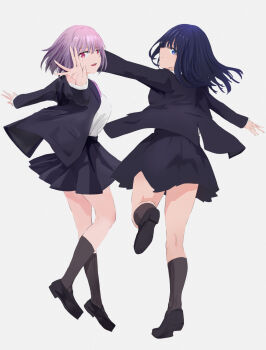 2girls a_(c3einycggcevevf) absurdres black_hair black_jacket black_skirt black_thighhighs blue_eyes breasts collared_shirt commentary gridman_universe highres jacket large_breasts long_hair looking_at_viewer multiple_girls open_mouth pleated_skirt purple_hair red_eyes school_uniform shinjou_akane shirt short_hair simple_background skirt smile ssss.gridman takarada_rikka thighhighs white_background white_shirt