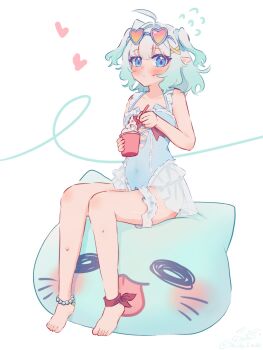 1girl ahoge blue_eyes blue_leotard blush breasts commentary densetsu.exe english_commentary feet food frilled_leotard frilled_thigh_strap frills gradient_hair green_hair hair_intakes hair_ornament heart highres ice_cream leotard looking_at_viewer mint_fantome multicolored_hair pointy_ears shidoizuki short_hair short_twintails sitting small_breasts solo thigh_strap thighs tongue twintails virtual_youtuber white_background white_hair x_hair_ornament