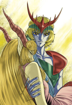 1970s_(style) 1boy 1girl blonde_hair blue_skin brown_eyes carrying choudenji_robo_combattler_v colored_skin death dress highres horns ichikawa_osamu long_hair miia oldschool pointy_ears prince_garuda princess_carry retro_artstyle short_hair spoilers sunrise_(company) tiger_ryuuou toei_company