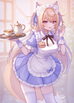 Rule 34 | 1girl, animal ear fluff, animal ears, apron, black ribbon, blonde hair, blue nails, blue ribbon, blue streaks, breasts, cleavage, commentary request, cup, dog ears, dog girl, dog tail, fang, fingernails, frilled apron, frilled cuffs, frilled sleeves, frills, fuwawa abyssgard, hair between eyes, hair intakes, hair ribbon, hands up, highres, holding, holding tray, hololive, hololive english, indoors, leaning forward, legs apart, long hair, looking at viewer, maid, maid apron, maid headdress, medium breasts, multicolored hair, nail polish, name tag, neck ribbon, open mouth, pink eyes, puffy short sleeves, puffy sleeves, ribbon, sakuraume, saucer, short sleeves, skin fang, smile, solo, standing, streaked hair, tail, teacup, teapot, thighhighs, tray, two side up, very long hair, virtual youtuber, white apron, white headdress, white thighhighs, white wrist cuffs, window, wrist cuffs