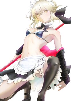 1girl absurdres apron artoria_pendragon_(fate) bare_shoulders beatrix_vivi bikini black_bikini black_jacket black_ribbon black_skirt black_thighhighs blonde_hair blush braid breasts choker cleavage fate/grand_order fate_(series) frilled_choker frilled_thigh_strap frills hair_bun hair_ribbon highres hood hooded_jacket jacket long_hair long_sleeves looking_at_viewer maid maid_bikini maid_headdress medium_breasts mop navel off_shoulder open_clothes open_jacket open_mouth ribbon saber_alter saber_alter_(swimsuit_rider)_(second_ascension) sidelocks skirt solo spread_legs squatting swimsuit thigh_strap thighhighs unconventional_maid waist_apron white_apron yellow_eyes