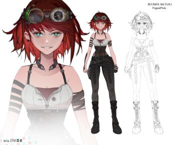 1girl absurdres arm_tattoo bad_link bare_shoulders black_corset black_pants boots breasts chain character_name collarbone commission commissioner_upload corset cross-laced_clothes earrings full_body goggles goggles_on_head grin highres huge_filesize indie_virtual_youtuber jewelry looking_at_viewer medium_hair messy_hair official_art paegan_o_ceallaigh pants red_hair reference_sheet reta simple_background sketch small_breasts smile standing tank_top tattoo torc virtual_youtuber white_background