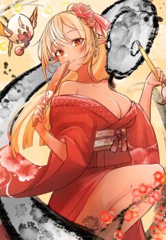 Rule 34 | 1girl, absurdres, alternate costume, asa no ha (pattern), blonde hair, blunt ends, breasts, brush stroke, calligraphy brush, chinese zodiac, cleavage, commentary request, cowboy shot, dark-skinned female, dark skin, elf, elfriend (shiranui flare), floral print, floral print kimono, furisode, hagoita, hair ornament, high ponytail, highres, holding, holding calligraphy brush, holding paddle, holding paintbrush, hololive, jakoten (pixiv 54744064), japanese clothes, kanzashi, kimono, knee up, large breasts, light blush, light smile, long hair, long sleeves, looking at viewer, new year, obi, obiage, obidome, obijime, off shoulder, orange eyes, paddle, paintbrush, parted bangs, pointy ears, ponytail, print kimono, red kimono, sash, shiranui flare, snake, solo, tan, thighs, tsumami kanzashi, virtual youtuber, white snake, white streaks, year of the snake