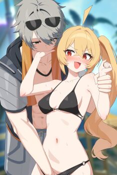 1boy 1girl abs absurdres ahoge alternate_costume bikini black_bikini blonde_hair blurry blurry_background blush breasts commentary eyewear_on_head fang fingering grey_hair hand_in_another's_panties hand_under_clothes hand_under_swimsuit hetero highres long_hair luciana_de_montefio medium_breasts midriff navel official_alternate_costume open_mouth outdoors panties short_hair stomach string_bikini sunglasses swimsuit triangle_bikini_top underwear untranslatable_commentary w.k wise_(peaceful_waves)_(zenless_zone_zero) wise_(zenless_zone_zero) zenless_zone_zero