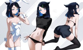 1girl absurdres alternate_costume animal_ear_hairband animal_ears artist_name ass black_bra black_choker black_hair black_panties black_shirt black_shorts black_thighhighs blue_eyes blue_hair bra breasts choker colored_inner_hair fake_animal_ears hairband highres hip_bones leotard liko_(pokemon) looking_at_viewer multicolored_hair multiple_views nintendo otokakoto panties playboy_bunny pokemon pokemon_(anime) pokemon_horizons rabbit_ear_hairband rabbit_ears shirt shorts simple_background small_breasts thighhighs two-tone_hair underwear white_leotard white_thighhighs wrist_cuffs