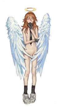 1boy absurdres angel angel_devil_(chainsaw_man) angel_wings black_gloves chainsaw_man gloves halo highres long_hair male_focus mossacannibalis necktie nipples nude penis red_eyes red_hair shoes skinny small_penis solo thinking trap white_background wings
