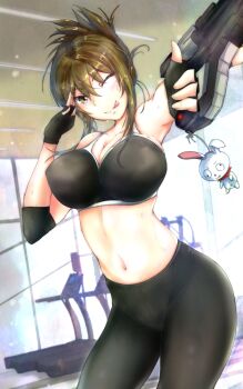 1girl bike_shorts black_gloves breasts brown_eyes brown_hair cleavage collarbone fingerless_gloves gloves highres kisaragi_chitose large_breasts navel one_eye_closed solo sports_bra sportswear super_robot_wars super_robot_wars_v tongue
