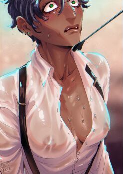 absurdres aquiline_nose black_hair blackberreh-art blush covered_erect_nipples dark-skinned_female dark_skin earrings genderswap genderswap_(ftm) green_pupils grey_hair heart heart-shaped_pupils highres jewelry jonathan_sims lips nose shirt solo suspenders sweat symbol-shaped_pupils teeth the_magnus_archives wet wet_clothes wet_hair wet_shirt