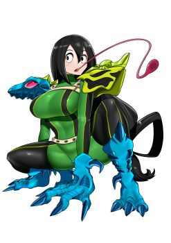 1girl absurdres adapted_costume all_fours altronage armor asui_tsuyu beast_wars beast_wars:_transformers black_eyes black_footwear black_hair blue_gloves bodysuit boku_no_hero_academia boots commission frog_girl gloves green_bodysuit highres long_hair long_tongue low_ponytail pauldrons poison_dart_frog ponytail predacon shoulder_armor shoulder_pads spittor squatting stamp_mark thigh_boots tongue tongue_out transformers transformers_car_robots very_long_hair