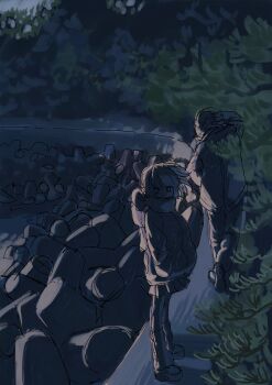 1boy 1girl absurdres facing_away floating_hair foliage hand_up hands_in_pockets highres jacket koze_niire leg_warmers long_sleeves looking_at_viewer looking_to_the_side makaino_ririmu makaino_ririmu_(4th_costume) medium_hair nijisanji on_wall outdoors pants pleated_skirt scarf scarf_over_mouth shadow shore short_hair sidelighting skirt standing tetrapod unfinished uzuki_kou virtual_youtuber walking