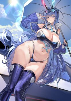 1girl absurdres animal_ears azur_lane blue_eyes blue_hair blue_jacket blue_panties blue_shrug blue_thighhighs blush boots breasts car_door cleavage commentary_request cowboy_shot eyewear_on_head fingerless_gloves gloves highres holding holding_umbrella huge_breasts jacket large_breasts liuli_xiao long_hair looking_at_viewer navel necktie new_jersey_(azur_lane) new_jersey_(black_blur_prelude)_(azur_lane) official_alternate_costume outdoors panties race_flag race_queen race_vehicle short_necktie shrug_(clothing) smile solo thigh_boots thighhighs umbrella underwear v very_long_hair