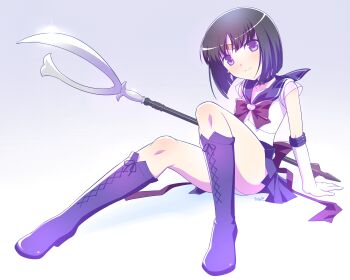 1girl back_bow bishoujo_senshi_sailor_moon black_hair blue_boots blue_choker blue_eyes blue_sailor_collar blue_skirt boots bow choker circlet closed_mouth earrings elbow_gloves full_body glaive_(polearm) gloves highres himehachi_(hime8manga) jewelry knee_boots lace-up_boots magical_girl miniskirt panties pantyshot planet_earrings pleated_skirt polearm purple_bow sailor_collar sailor_saturn sailor_senshi_uniform shirt short_hair silence_glaive sitting skirt sleeveless sleeveless_shirt smile solo split_mouth star_(symbol) star_choker super_sailor_saturn tomoe_hotaru underwear weapon white_gloves white_panties white_shirt