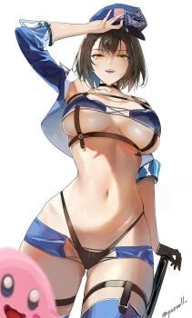 1girl :d arm_support artist_name azur_lane baltimore_(azur_lane) baltimore_(finish_line_flagbearer)_(azur_lane) bare_shoulders black_gloves black_panties blue_jacket blush boots braid breasts brown_hair commentary condom condom_wrapper crop_top cropped_jacket crossover day from_below frontless_outfit gloves gluteal_fold hair_between_eyes half-closed_eyes hand_on_own_forehead happy hat highleg highleg_panties highres hip_focus holding holding_condom jacket kirby kirby_(series) looking_at_viewer looking_down medium_breasts micro_shorts midriff navel nintendo no_bra off_shoulder official_alternate_costume open_clothes open_jacket open_mouth panties porroll race_queen short_hair shorts simple_background single_braid smile solo stomach strap teeth thigh_boots thighs twitter_username underboob underwear upper_teeth_only white_background yellow_eyes